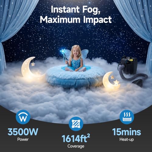 3500W Dry Ice Fog Machine, Low Lying Fog Machine with 1614Ft² Coverage, 110V DJ Effect Smoker Atmospheric Effects Machine with Tube 10L Tank for Stage Party Wedding DJ Club