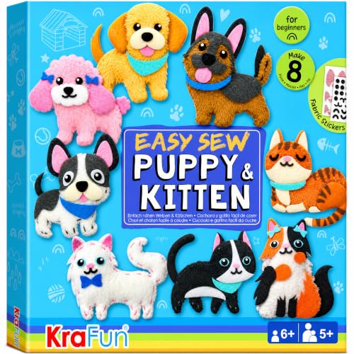 KRAFUN Puppy & Kitten Sewing Kit for Kids Ages 6+ | 8 Dolls | Sew 8 dog & cat stuffed dolls. Instructions & felt included. Great beginner gift for girls & boys learning to sew - color: Puppy & Kitten