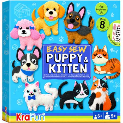 KRAFUN Puppy & Kitten Sewing Kit for Kids Ages 6+ | 8 Dolls | Sew 8 dog & cat stuffed dolls. Instructions & felt included. Great beginner gift for girls & boys learning to sew - color: Puppy & Kitten