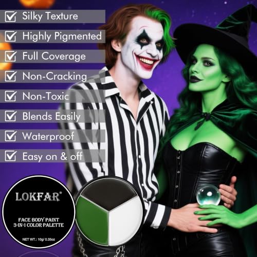 Black White Green Face & Body Paint - Blendable Facepaint Foundation with Sponge & Brush for Skin, Professional Halloween Face Make-up Kit for Grinch Shrek Alien Frankenstein Wicked Witch Costume - color: 05 Beetlejuice/Witch