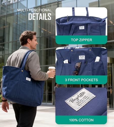 Bagelite Extra Large Canvas Tote Bag for Women Men, Utility Work Bags with Zipper - color: Azure