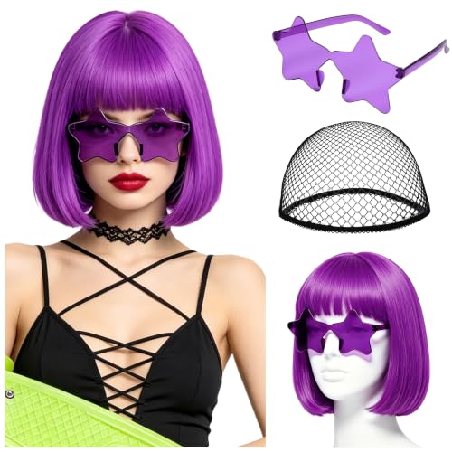 Short Bob Straight Hair Wigs with Bangs, Heat Resistant Fiber Hair, Star-shaped Glasses for Women (Purple-Red) - color: Purple-Red