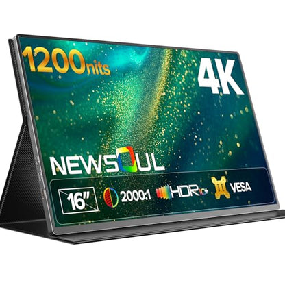 Newsoul 4K Portable Monitor 1200Nits Ultra Bright 16'' Laptop Monitor 145% sRGB 2000:1 Contrast Matte Screen with USB-C HDMI VESA, Slim External Screen with Protective Case for PC/Phone/Game Console - size: 16 Inches