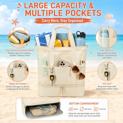 Bluboon Mesh Beach Tote Bag with Cooler Compartment Insulated Detachable Picnic Bag with Zipper and Pocket Pool Bag for Women - color: Solid Beige