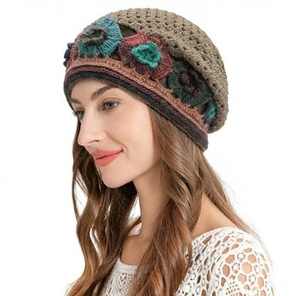 ZLYC Women Cotton Crochet Slouchy Beanie Hat Handmade Knit Summer Skull Cap | Lightweight breathable,boho casual chic look,travel photos festival party,café commute daily wear,beach concert gathering - color: Colorful Flower Tan