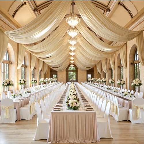 Outpain 20ftx20ft Beige Backdrop Ceiling Drapes,4Panels 20ft Height Wrinkle Free Tent Draping Curtains, Fabric Drapery Ceiling Drapes for Wedding Ceremony Birthday Theme Parties with Rod Pocket - color: Beige, size: 60"W x 240"L (Pack of 4)