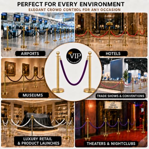Gold Crown Top Decorative Rope Safety Queue Stanchion Barrier in 3 pcs Set, VIP Crowd Control (72" Blue Velvet) - color: 72" Blue Velvet