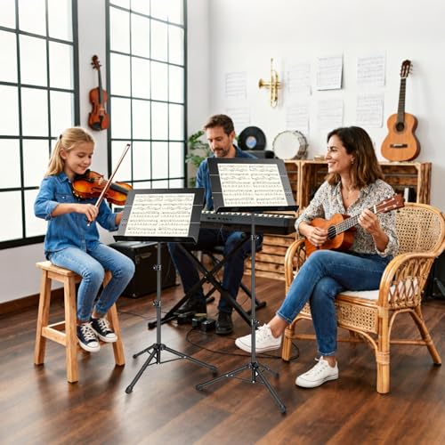 Portable Music Stand - Folding Sheet Music Stand & Book Stand with Carrying Bag, 3 in 1 Tri-fold Panel Metal Podium Stand Adjustable Height with Music Sheet Clip Holder