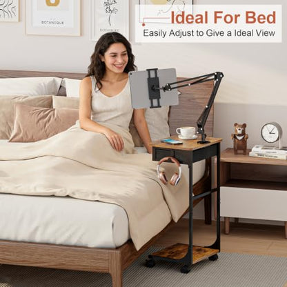 Floor Kindle Phone Tablet Stand with Drawer & Storage Shelves, Angle Height Adjustable Tablet Kindle Cell Phone Holder For Bed with Rotating Wheels, Compatible With 4.7"-13" Tablet iPone iPad Air Pro - size: 11.4"D x 15.4"W x 57.6"H