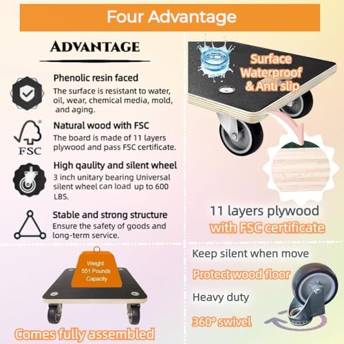 Hardwood Furniture Moving Wooden Dolly with 4 Rubber Silent Wheels,15 Inch Securely Holds 2204 Lbs Heavy Duty Rolling Mover for Piano Couch Fridge Washing Machine Big Plant, 2 Packs - size: Square Furniture Dolly with TPR Wheels