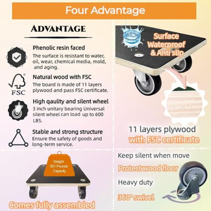 Hardwood Furniture Moving Wooden Dolly with 4 Rubber Silent Wheels,15 Inch Securely Holds 2204 Lbs Heavy Duty Rolling Mover for Piano Couch Fridge Washing Machine Big Plant, 2 Packs - size: Square Furniture Dolly with TPR Wheels