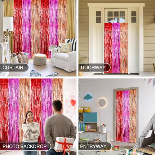 Valentines Foil Fringe Curtains, 2 Packs of 3.3x6.6 ft Valentine's Day | Valentines Foil Fringe Curtains, 2 Packs of 3.3x6.6 ft Valentine's Day Photo Booth Props, Red Pink and Champagne Gold Foil - color: Red Pink and Gold