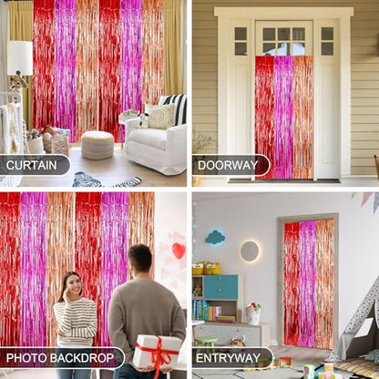Valentines Foil Fringe Curtains, 2 Packs of 3.3x6.6 ft Valentine's Day | Valentines Foil Fringe Curtains, 2 Packs of 3.3x6.6 ft Valentine's Day Photo Booth Props, Red Pink and Champagne Gold Foil - color: Red Pink and Gold