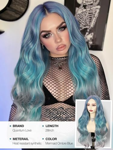 Quantum Love Long Curly Ombre Blue Wig for Women Long Wavy Bluish Green Wigs 28inch Natural Looking Synthetic Colorful Hair for Cosplay Halloween DailyParty Use - color: Ombre Blue