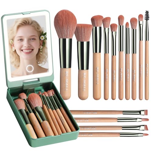 BS-MALL 14Pcs Travel Makeup Brush Set, Foundation/Concealer/Eye,LED Mirror (D-Green) - color: D-Green