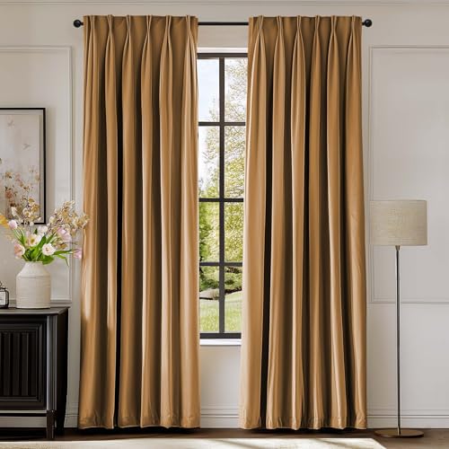 Lazzzy Gold Brown Blackout Velvet Curtains 84 Inch Length Pinch Pleated Thermal Room Darkening Luxury Modern Back Tab Window Drapes for Bedroom Living Room 2 Panels, 52 x 84 Inch, Golden Brown - color: Gold Brown, size: 52"W x 84"L (Pack of 2)