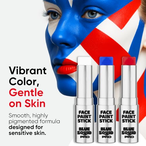 Blue Squid PRO Red White Blue Face Paint Stick - Waterproof Body Paint For Adults & Kids Eye Black Baseball, Eyeblack Softball - Hypoallergenic Twist-Up Non-Toxic Makeup Stick - Cosplay, Sports & SFX - color: Red, White & Blue