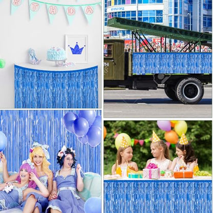 2 Pack 29.5x108 Inch Blue Foil Tinsel Fringe Table Skirts, Disposable Table Skirts for Rectangle Tables Curtains Backdrop Parade Wedding Floats Baby Shower Birthday Mardi Gras Party - color: Blue