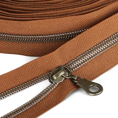 Sawoake 10 Yards Bulk Zipper(#5), Brown Nylon Coil with Rose Gold Teeth By The Yards, Replacement Sewing Zipper with 10PCS Sliders for DIY Sewing Craft Bags(#5 AntiqueBrass Brown) - color: AntiqueBrass-Brown