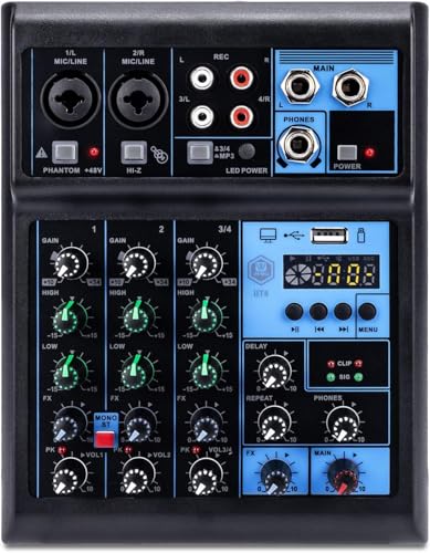 W IN-MIX Professional 4 Channel Mixer with Bluetooth, USB Recording & 48V Phantom Power – Studio & Live Sound Console for DJ, Karaoke & Streaming