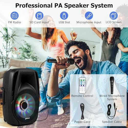 GOFLAME Portable 15" PA Speaker System Set, 1500W Powered 2-Way TWS Bluetooth DJ Party Speaker with Stand, Illuminating Light, USB/SD Card Reader, Microphone