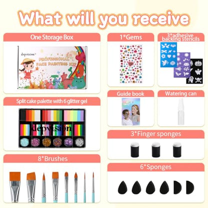 Professional Face Painting Kit for kids Split Cake Face Paint Palette with Glitter Gel One Stroke Non Toxic with Stencils, Pro Face Paint Brushes Sponges for Halloween, Christmas gift, Party