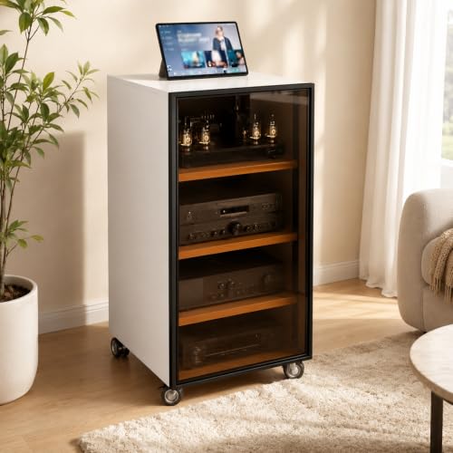 4-Tier White Media Cabinet with Glass Door & Adjustable Shelves | 198 lb Capacity, Clear Tempered Glass with Metal Frame, Ventilated Design, Cable Management, and Locking Caster Wheels - color: White, size: 4-tier