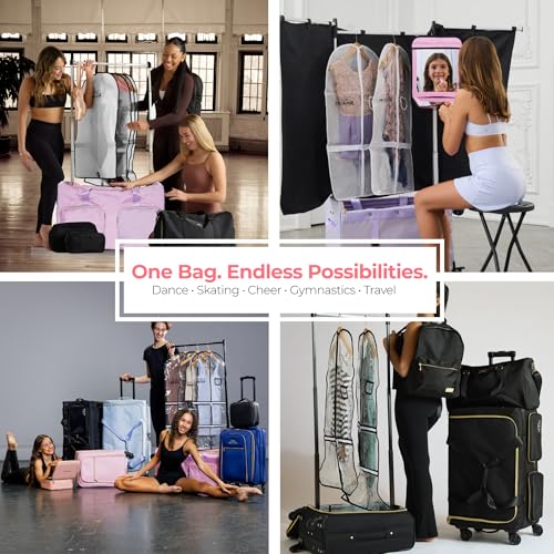 Rac n Roll Collapsible Rolling Dance Bag with Garment Rack (Clothes Rack), Foldable Competition Travel Duffel with Wheels for Dancers, Cheer, Pageant, Skating, Costume Storage, Pink - color: Pink