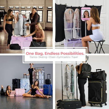 Rac n Roll Collapsible Rolling Dance Bag with Garment Rack (Clothes Rack), Foldable Competition Travel Duffel with Wheels for Dancers, Cheer, Pageant, Skating, Costume Storage, Pink - color: Pink