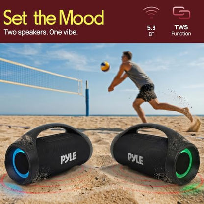 Pyle Portable Bluetooth Boombox Speaker - 100W Peak Power, 19H Battery, FM Radio, USB Playback, Aux in, TWS Pairing - Use for Home, Outdoor, Travel - LED Lights - Sturdy Carry Handle - PBTPSPWP25BK