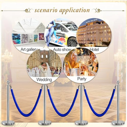 4PCS Blue Velvet Stanchion Rope 5 Ft Crowd Control Ropes Barrier with Silver Hooks for Party - color: Blue&Silver, size: 4PCS