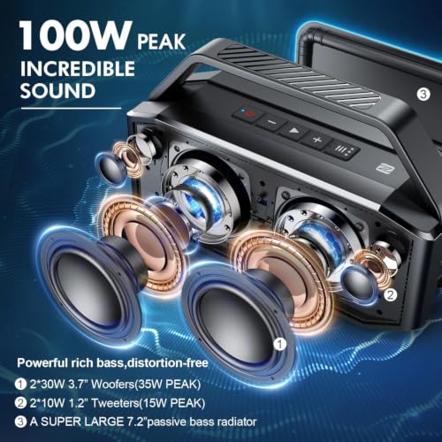 W-KING Bluetooth Speaker, 100W Max IPX7 Outdoor Portable Loud Speakers | 108dB Waterproof Floating Rugged Party Boombox 60W Large Speaker Wireless Subwoofer, 7.2'' Deep Bass Radiator, 40H, EQ TF AUX - color: Black