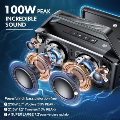 W-KING Bluetooth Speaker, 100W Max IPX7 Outdoor Portable Loud Speakers | 108dB Waterproof Floating Rugged Party Boombox 60W Large Speaker Wireless Subwoofer, 7.2'' Deep Bass Radiator, 40H, EQ TF AUX - color: Black