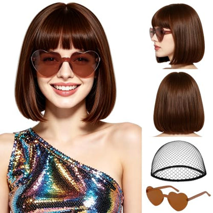 Short Bob Straight Hair Wigs with Bangs, Synthetic Fiber Colorful Hair, Heart-shaped Sunglasses for Women (Dark Brown) - color: Dark Brown
