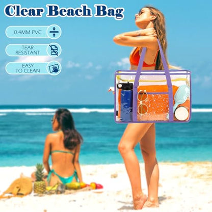 Fammart Clear Beach Bag for Women, Large Pool Tote Cruise Vacation Essentials - Zipper Closure, Waterproof, Sandproof - color: Purple