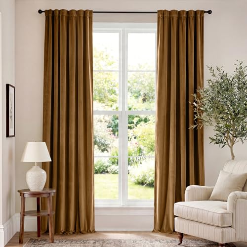 Lazzzy Blackout Golden Brown Velvet Curtains 52×102 Inch 2 Panels | Soft Velvet, For Bedroom & Living Space, Light Shifting Texture, Elegant Luxury Drape, Rich, Rod Pocket - color: R | Gold Brown, size: 52"W x 102"L (Pack of 2)