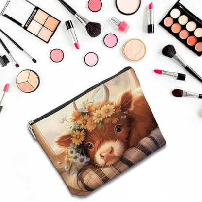 4 PCs Highland Cow Makeup Bag Highland Cow Gifts Cosmetic Bag | Cow Print Stuff Western Gifts for Women Scottish Girls Best Friends, Cute Cow Stuff Christmas birthday Gifts Zipper Pouch - color: highland cow makeup bag