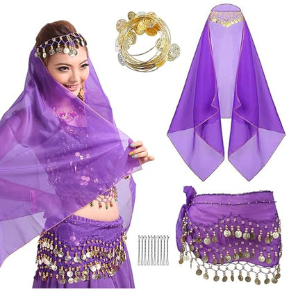 Wuchieal Set of 4 pcs Belly Dancer Outfit Sets, Chiffon Head Scarf,Belly Dance Hip Scarf, 10 Bobby Pins, 18 Metal Bracelets - color: Purple