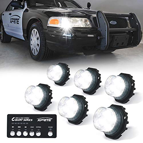 Xprite White LED Hideaway Strobe Lights Kit, 20 Flash Modes w/Control Panel Headlights Taillights Fog Light Interior Mounting for Construction Towing Snow Plow Pickup Work Trucks Cars 6 PCS - color: White, size: 6 pcs