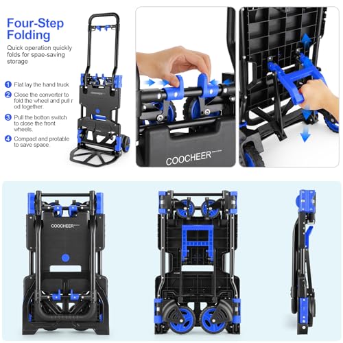 Folding Hand Truck Dolly, 330lb Convertible 4 to 2 Wheel Moving Cart, Blue | Dolly Cart with Retractable, Aluminum Alloy & Cast Iron Build, Nylon Wheels,Compact Fold,for Moving,Office,Delivery,Outdoor - size: 330LB Blue
