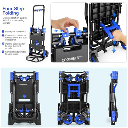 Folding Hand Truck Dolly,330lb Cart+1 Folding Basket,4to2 Wheel Moving Blue | Dolly Cart with Retractable, Aluminum Alloy & Cast Iron Build, Nylon Wheels,Compact Fold,for Moving,Office,Delivery,Outdoor - size: 330LB Blue-B