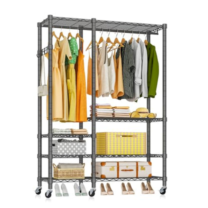 5 Tiers Wheel Portable Heavy Duty Garment Rack | Wire Adjustable Rolling Clothing Rack with Lockable Wheels & 2 Hanger Rods, Max Load 850LBS, Black - color: Black, size: A3W: 5 Tiers with 1 Rods,44.9"L x 16.5"W x 78.7"H