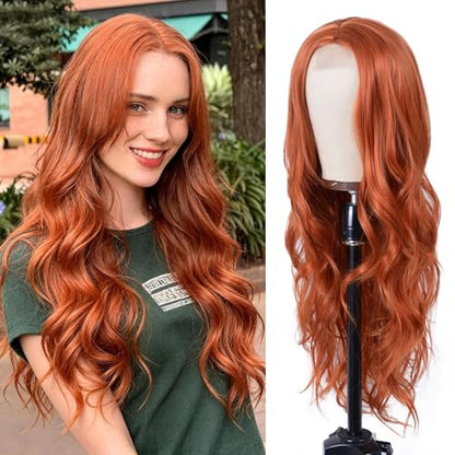 Aida ble Long Wavy Ginger Wig for Women 26inch Middle Part Synthetic Wig | Natural Looking Orange Wig,Heat Resistant Hair,Suitable for Daily Wear,Party,Halloween and Cosplay,Beginner-friendly Wig - color: Ginger