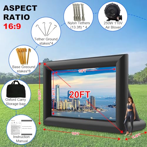 GYUEM 20 feet Inflatable Portable Projector Movie Screen - Huge Air-Blown Cinema Projection Screen Package with Rope, Blower,Tent Stakes - Front & Rear Projection,for Outdoor Party Backyard Pool Fun - size: 20FT