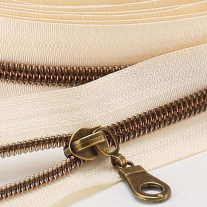 Sawoake 10 Yards Bulk Zipper(#5), Beige Nylon Coil Zipper with Antique Brass Teeth by The Yards, Replacement Sewing Zipper with 10PCS Zipper Sliders for DIY Sewing Craft Bags(#5 Antique Brass Beige) - color: AntiqueBrass-Beige