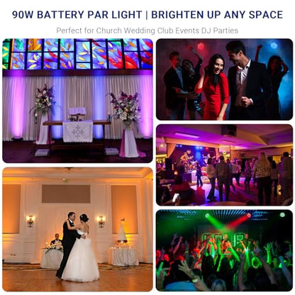 90W Dimmable RGB Battery Par Lights by Remote & DMX Control (2Pack) | 20H Single Color 5H Charging, Rechargeable LED Par, Uplight for DJ Party Event Wedding Church Concert Band Club