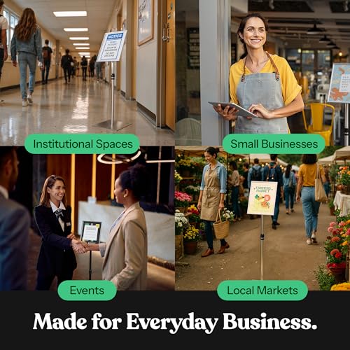 T-Sign 31.5 to 48 Inch Pedestal Sign Holder - Adjustable Floor Sign Stand for 8.5x11 Displays, Heavy Duty Outdoor Sign Holder with Square Base for Restaurants, Retail, Trade Shows, and Events (Silver) - size: 8.5 x 11 inches, Silver