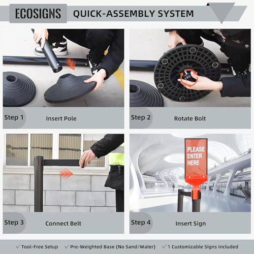 ECOSlGNS Commercial Crowd Control Stanchions with Retractable Belts - Black Stanchions with Heavy-Duty Base & Sign Holders line dividers for Airport, Theaters, Banks & Retail Stores (6 Pack) - color: Black- 6 Packs