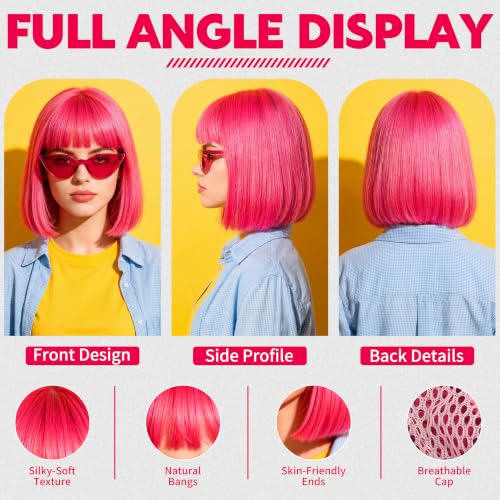 Short Bob Straight Hair Wigs with Bangs, Heat Resistant Fiber Hair, Cat Eye Glasses for Women (Hot Pink) - color: Hot Pink