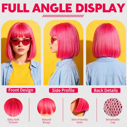 Short Bob Straight Hair Wigs with Bangs, Heat Resistant Fiber Hair, Cat Eye Glasses for Women (Hot Pink) - color: Hot Pink